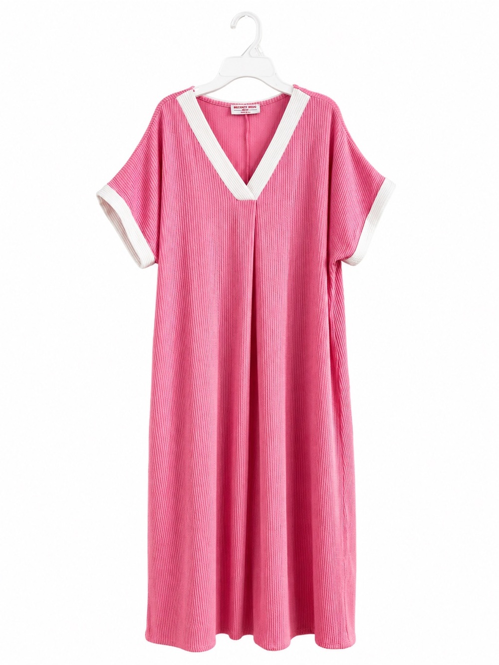 Discount Divas Pink Ribbed Knit V-Neck Maxi Dress with White Trim Large